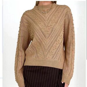 Dalilah Wool‎ Blend Chuncky Ribbed 3D Textured Knit Fall Camel Tan Sweater, S/M